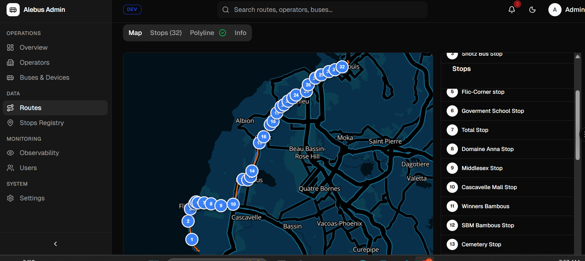 Route & stop registry